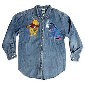 Vtg Disney Embroidered Winnie The Pooh & Eeyore Denim Button-Up Shirt, Size M‎